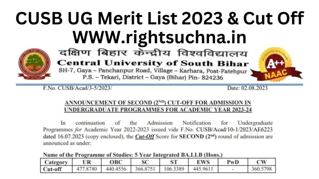 CUSB UG Merit List 2023 & Cut Off | Central University of South Bihar Merit List 2023