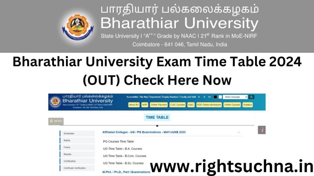 Bharathiar University Exam Time Table 2024