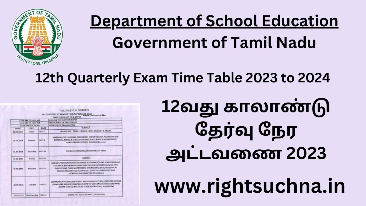 12th Quarterly Exam Time Table 2023 to 2024