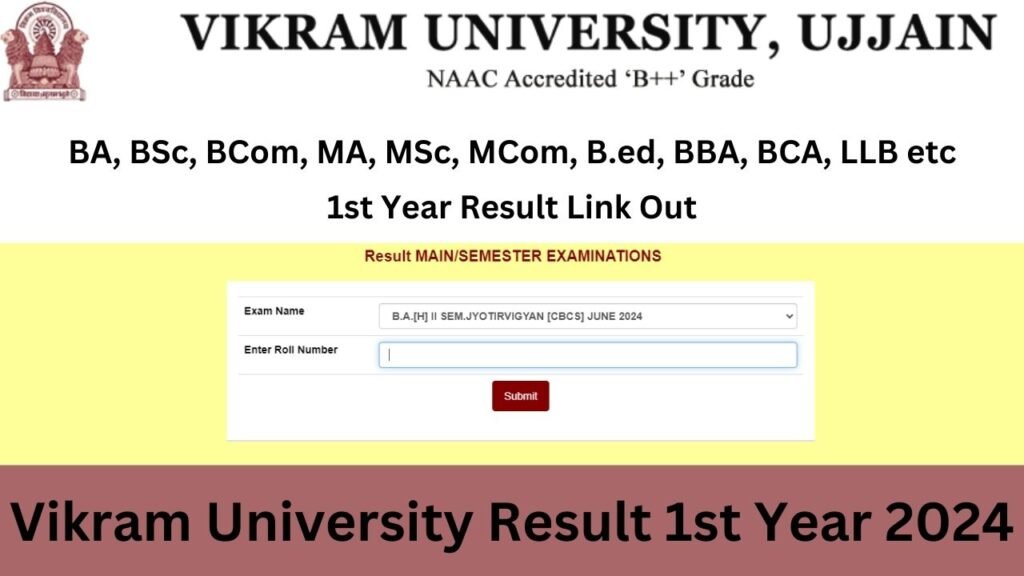 Vikram University Result 1st Year 2024 - BA, B.Sc, B.Com, BBA, BCA, MA, M.Com, M.Sc Etc. Result 2024